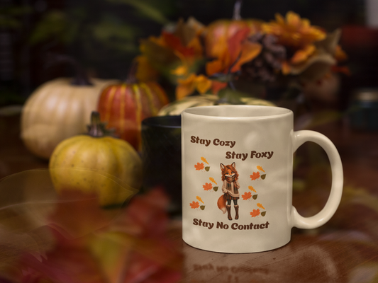 Fall Fox Ceramic Mug — "Stay Cozy, Stay Foxy, Stay No Contact"